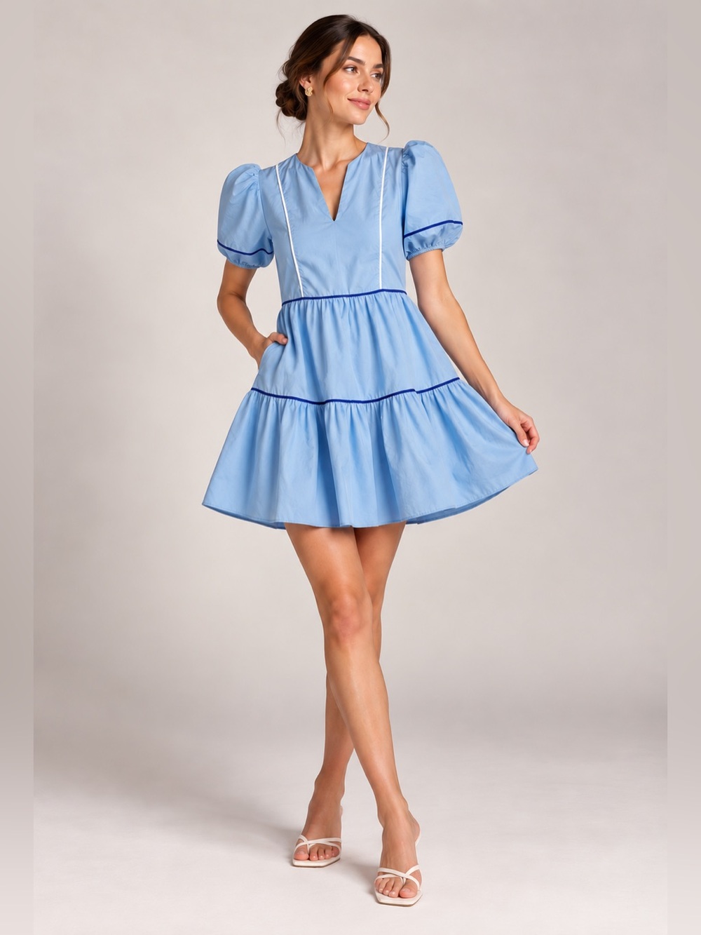 English Factory Blue Cotton Tiered Babydoll Mini Dress Puff Sleeve Contrast XS